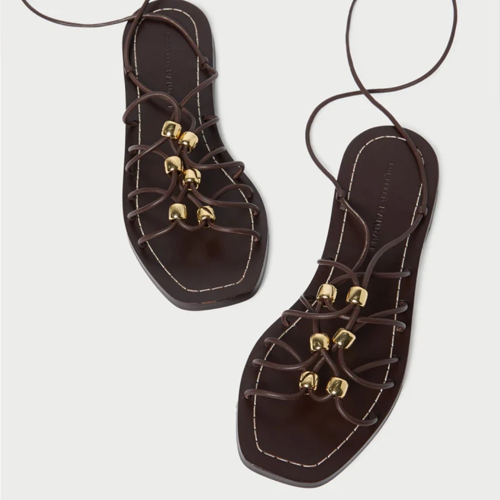 Mella Espresso Leather Wrap Sandal - Brown Lace Up Sandals with Gold Accents